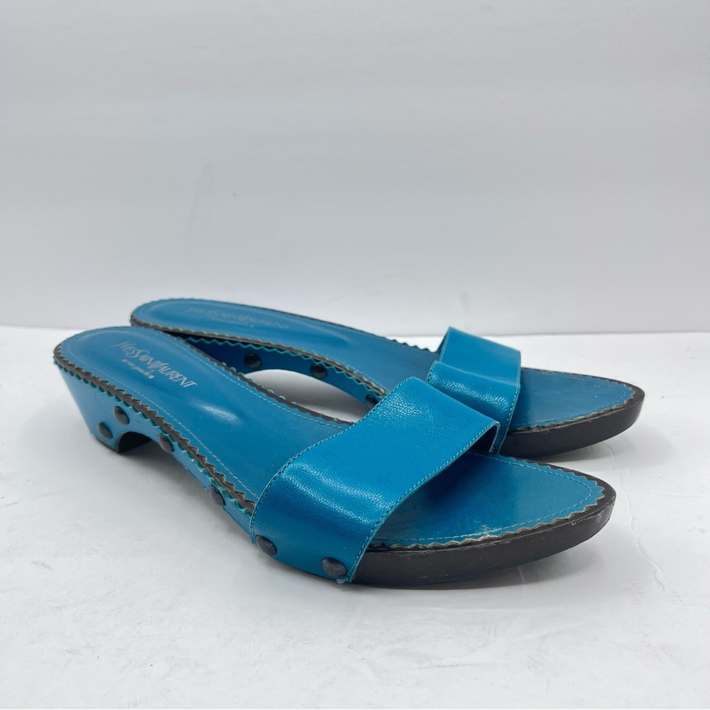 YSL Vintage Women’s 41 Yves Saint Laurent Blue/Green Leather Slide Sandals Italy - Picture 14 of 14